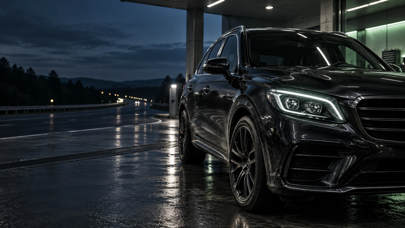 Чёрный SUV с включённой оптикой у трассы