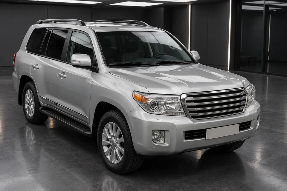 Серебристый Toyota Land Cruiser 200: широкий капот большого внедорожника