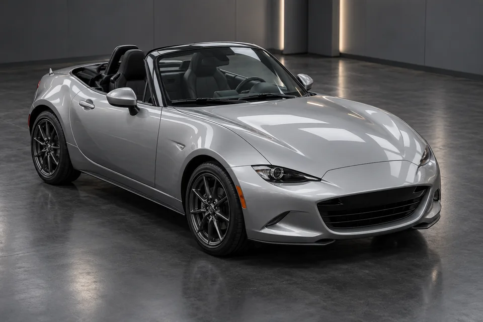 Серебристый Mazda MX-5 ND с открытым верхом: вид на капот в студии
