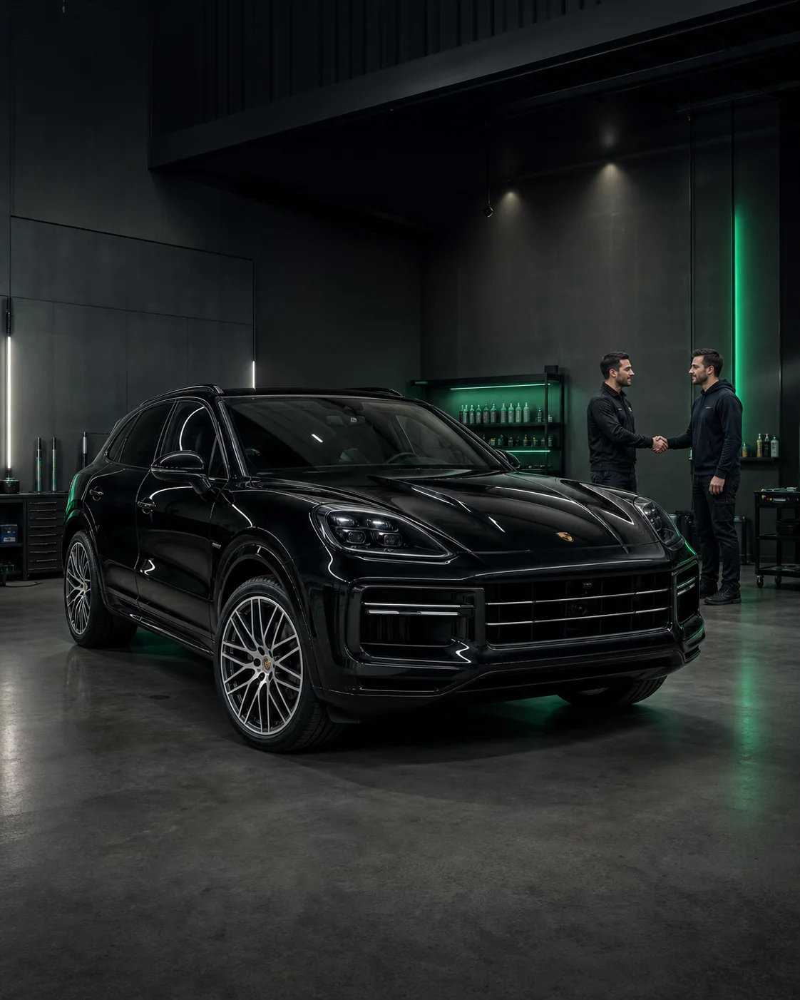 Партнёры пожимают руки рядом с Porsche Cayenne в автомобильной мастерской
