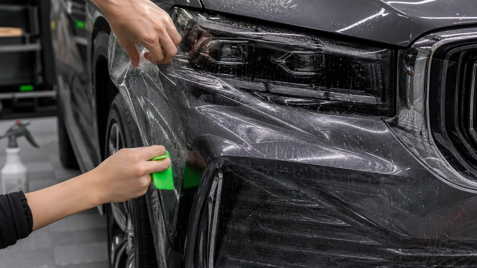 Оклейка переднего бампера Geely Monjaro полиуретановой пленкой KPPF 24