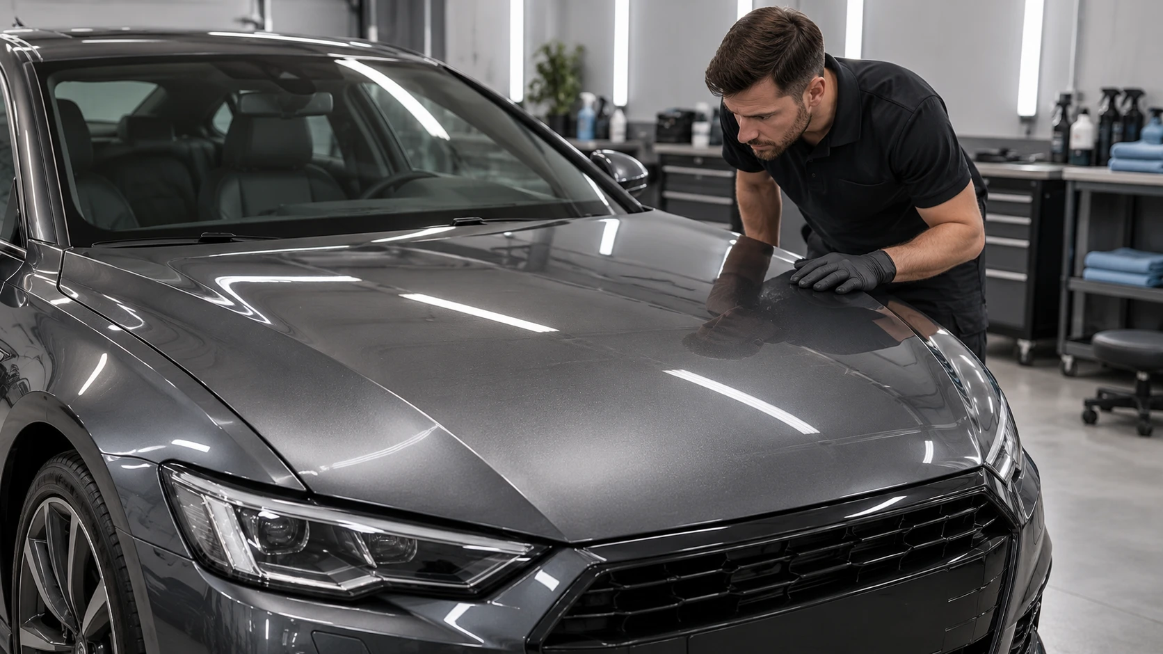 Иллюстрация осмотра закрытого капота автомобиля в детейлинг-студии