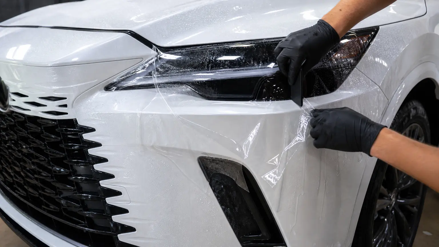 Оклейка переднего бампера Lexus RX полиуретановой пленкой KPPF 24 Оклейка переднего бампера Lexus RX полиуретановой пленкой KPPF 24