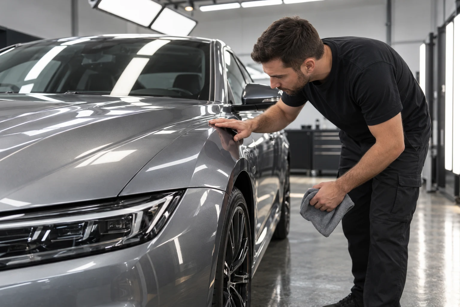 Мастер осматривает лакокрасочное покрытие автомобиля в детейлинг-студии перед оклейкой